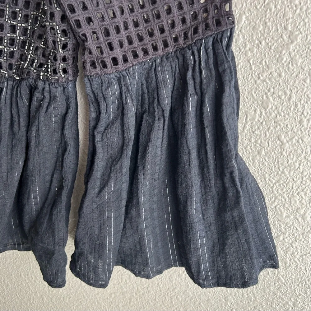Anthropologie Maeve‎ Black Alameda Bell Sleeve Beaded 100% Cotton Blouse